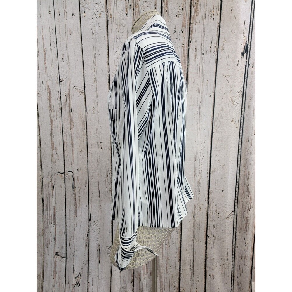 M‎ Siamo 12 Navy White Striped Ruffle Button Down Blouse Shirt Top Stretch EUC - Picture 6 of 12